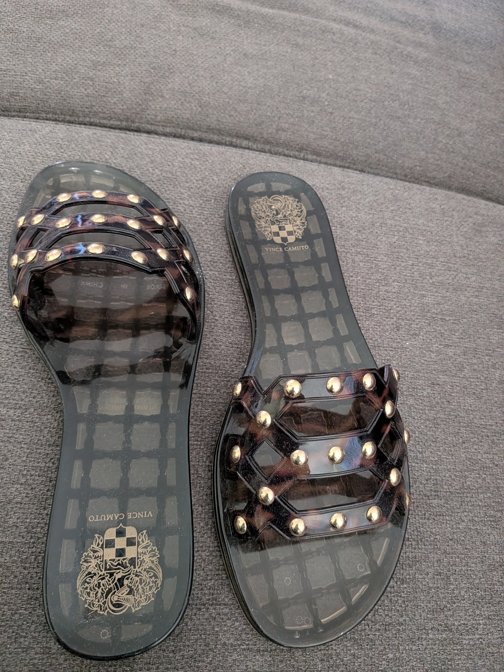 Vince Camuto Black Jelly Slide Sandals with Gold Studs